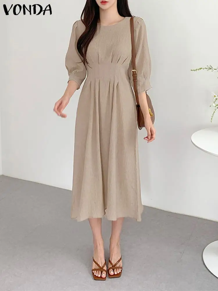 

Женский летний сарафан VONDA 2023, элегантное офисное длинное платье OL, модное повседневное свободное однотонное платье средней длины с рукавами-фонариками