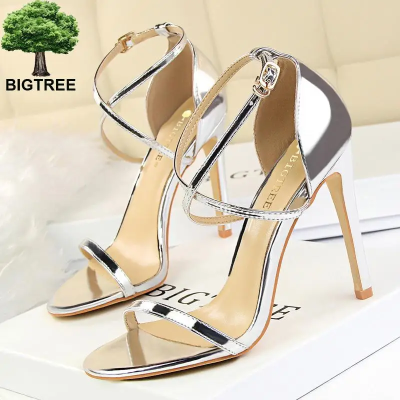 

BIGTREE Shoes Patent Leather High Heels Open Toe Women Pumps Stiletto Heels 11 Cm Sexy Party Shoes Cross Strap Women Sandals