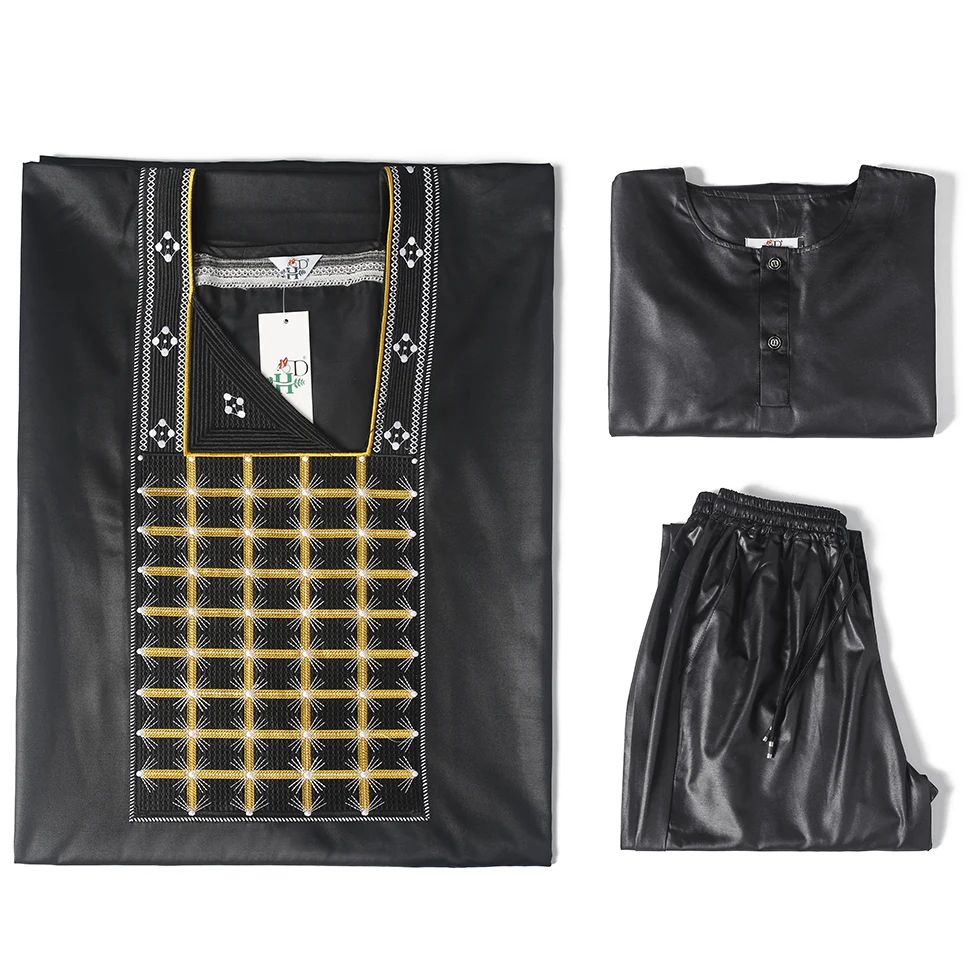 H&D Африканская Одежда для Мужчин Комплект из 3 предметов: рубашка с традиционной вышивкой, брюки, Базин Риш Оригинал на свадебную вечеринку.