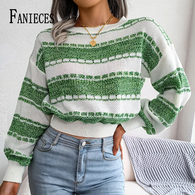 

Осенний полосатый свитер FANIECES, Повседневная Уличная одежда, Свободный вязаный пуловер с круглым вырезом, топы, женский джемпер, деловая Жен...