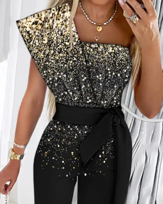 One Shoulder Tied Detail Print Sexy Woman Jumpsuit clothing Tight fitting woman chic and elegant woman jumpsuit one pieces