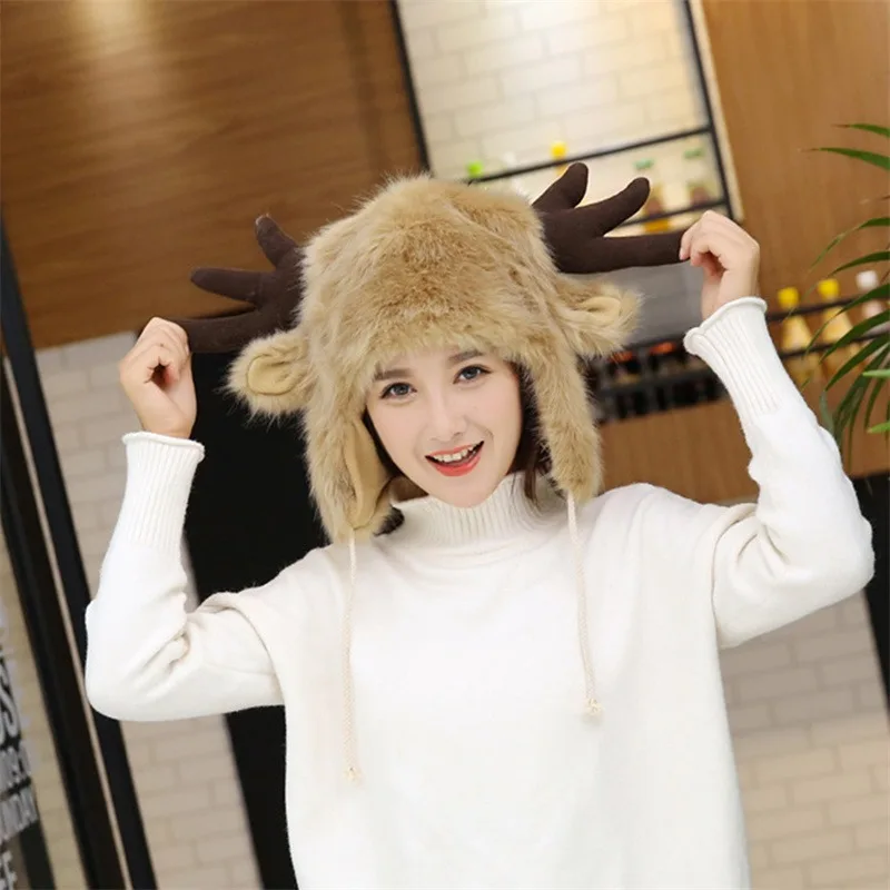 Cartoon Antler Hat Autumn Winter Warm Cute Lady Hats Solid Color Kawaii All-Match Fur Unisex Deer Head Hat Ox Horn Hats
