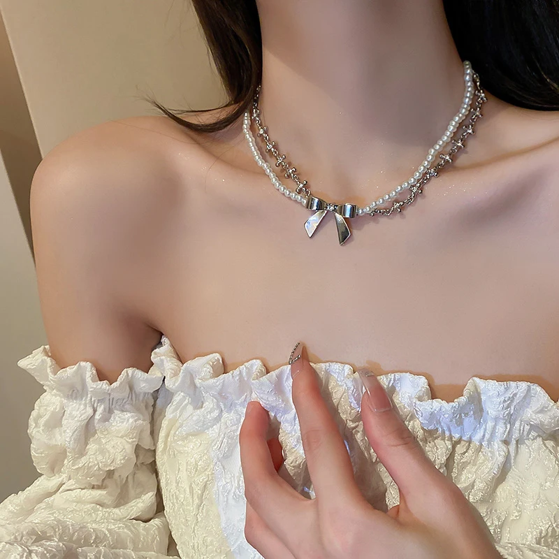 

Жемчуг, алмаз, цветок бант двойное ожерелье для женщин Корейский ретро двойной дизайн длиной до ключиц ювелирные изделия для девушек