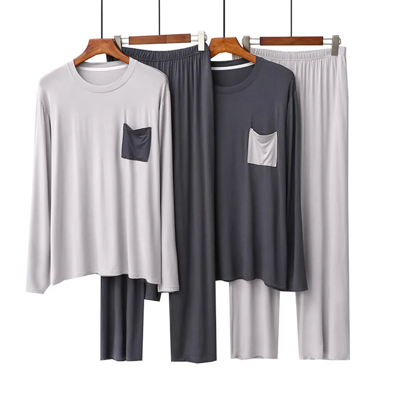 Fdfklak Modal Men's Pajamas Set Contrast Color Pocket Long-Sleeved Trousers Home Suit Pyjama Homme New Male Sleepwear Pijamas