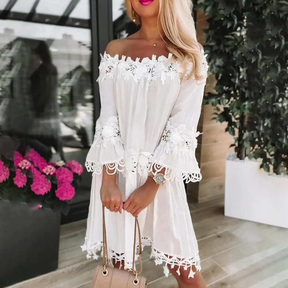 

Embroidery Crochet Lace Cold Shoulder Mini Dress Women Scoop Neck Half Sleeves Mid-Rise Loose Fit Summer Dress Lady Beach Dress