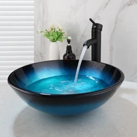 fba round tempered glass sink lavatory deck mounted basin bathroom black faucet washbasin mixer water tap combo kit sink vessel