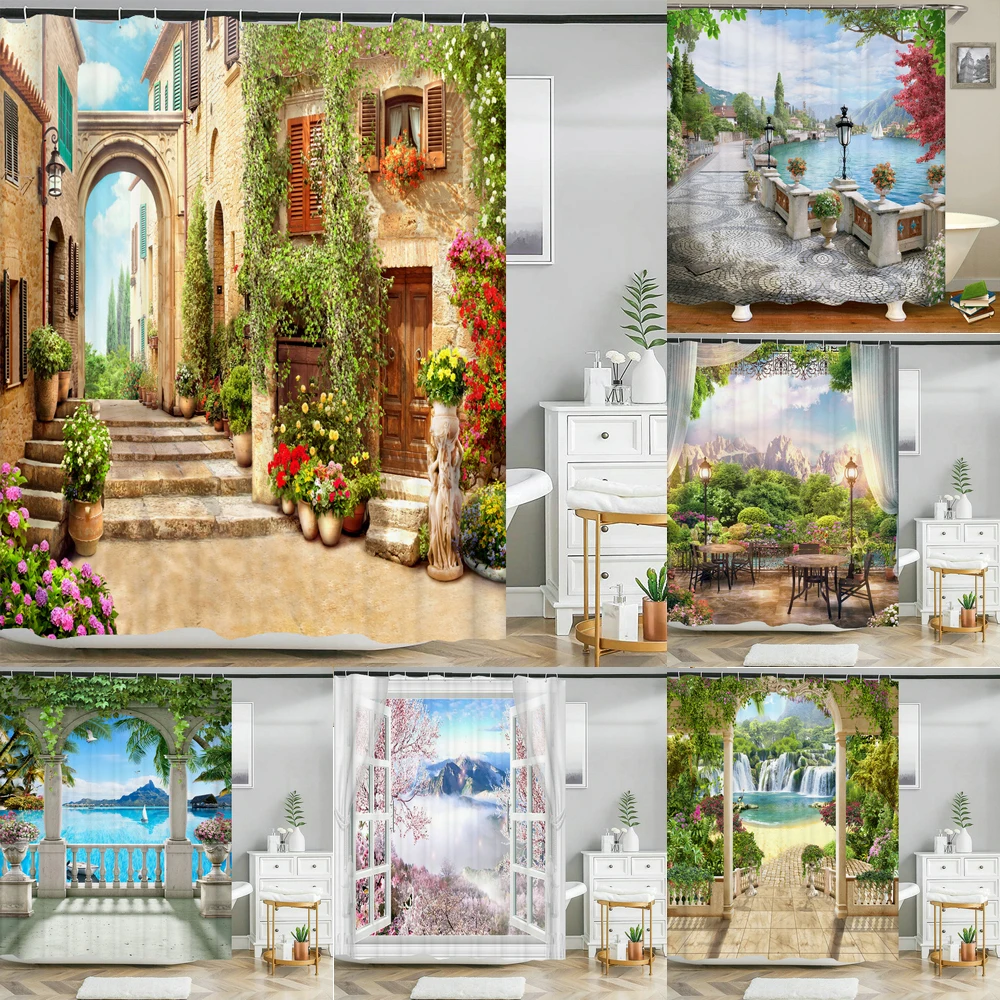 

Home Background Wall Decor Shower Curtain 3D European Building Garden Flowers Landscape Waterproof Polyester Bathroom Curtain