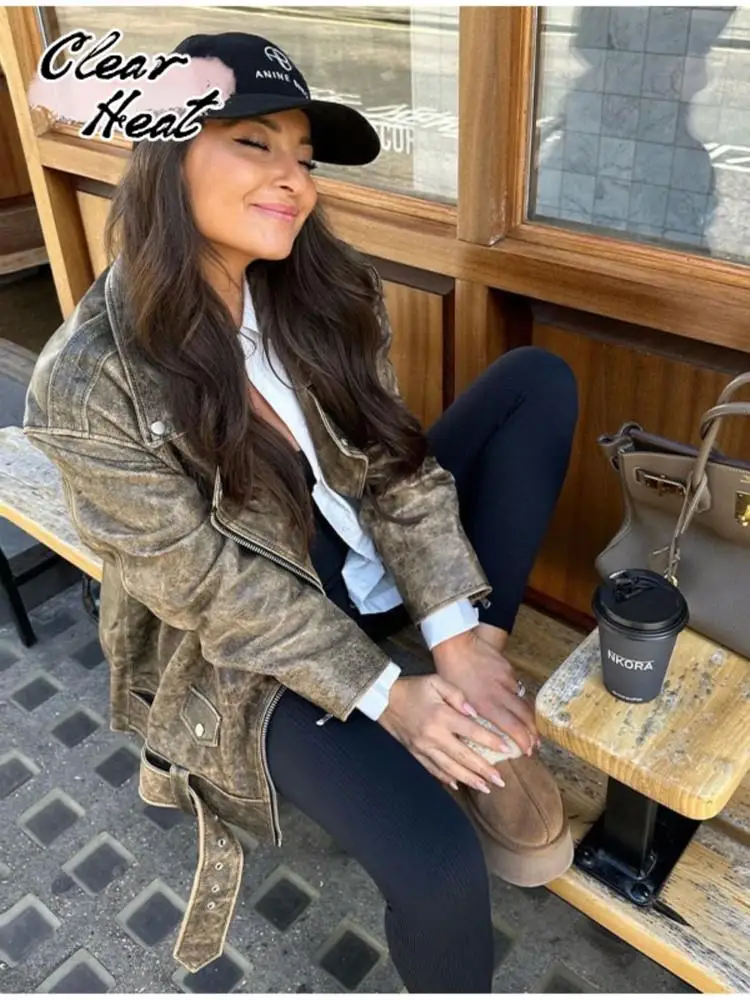 

Women Fashion Biker Jacket With Belts Casual Lapel Long Sleeve Zipper Jackets Female Autumn Vintage High Streetwear Overcoat