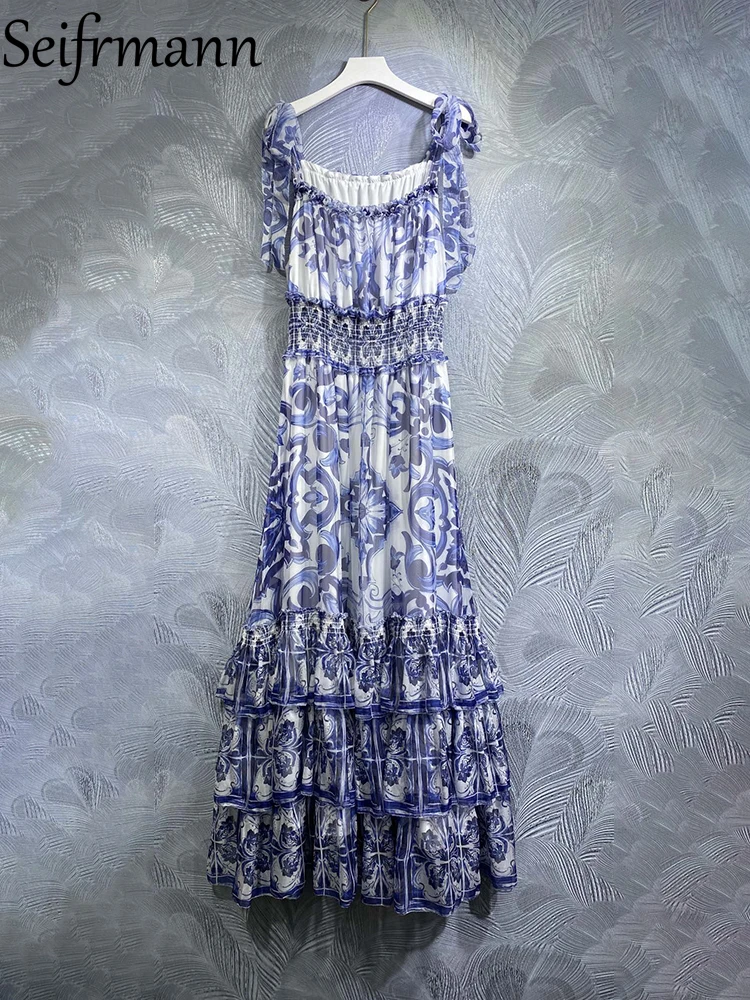 Seifrmann High Quality Summer Women Fashion Designer Long Dress Blue And White Porcelain Printing Elastic Waist Holiday Dresses