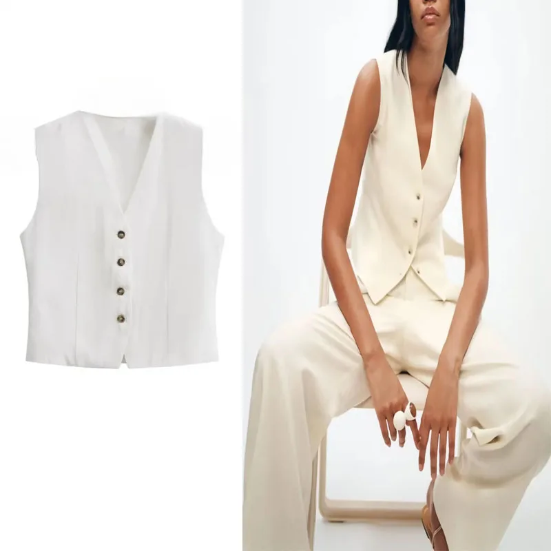 

TRAF New Women 2 Pieces Sets Linen Blend Tank Top V-neck Sleeveless Short Vest Top+High Waist Loose Bell-bottoms Female Sets