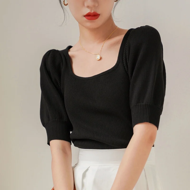 

Summer French ladies ice silk T-shirt square collar bubble sleeve knitting