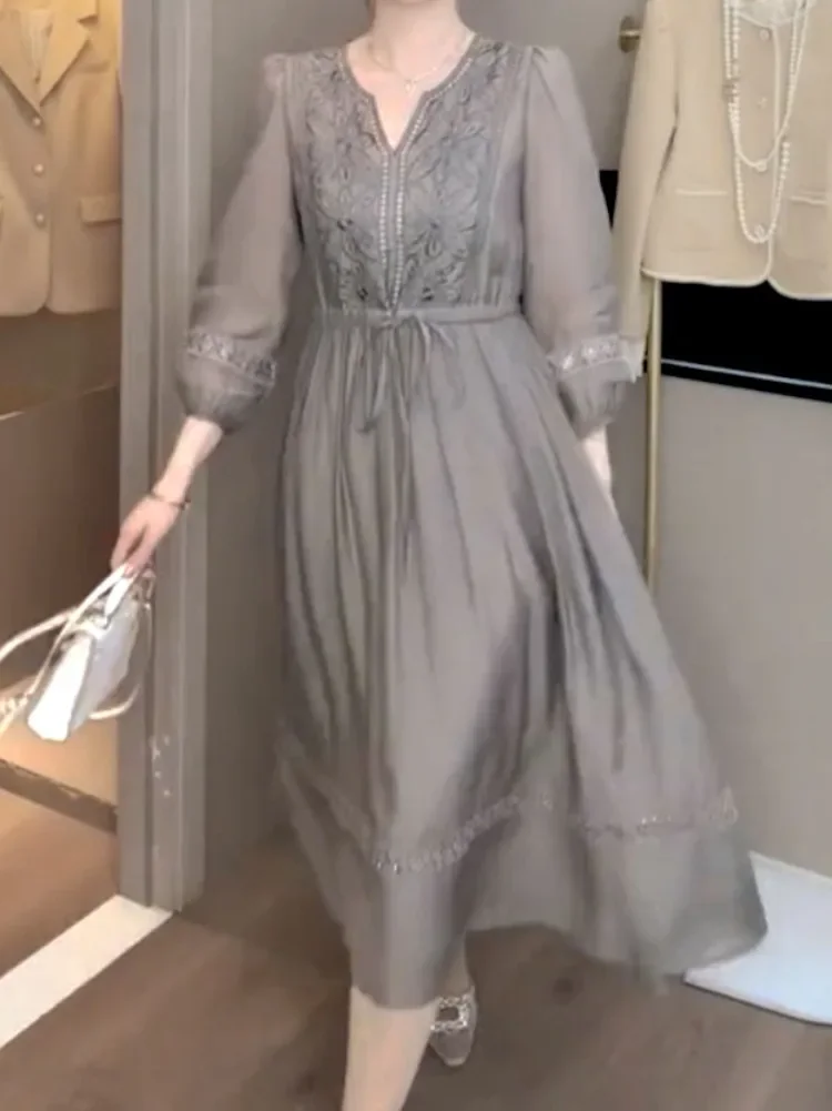 Модное Элегантное женское платье с вышивкой элегантное приталенное однотонное