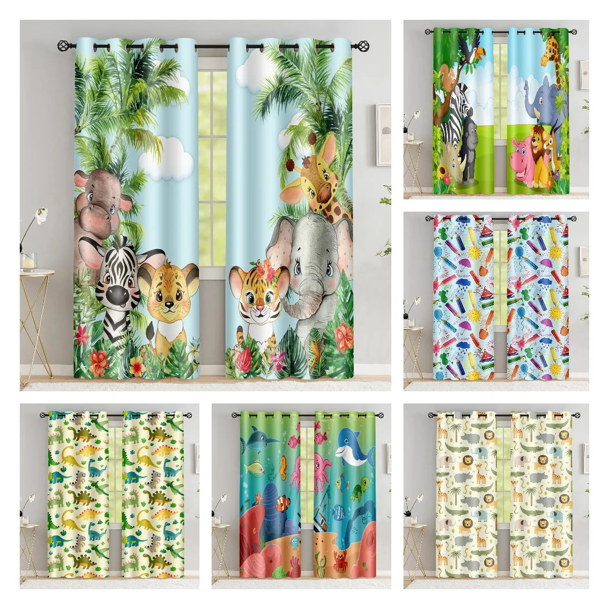 Safari Animals Window Curtain Cartoon Jungle Forest Print Curtains Home Decor Drapes for Baby Children Bedroom Living Room 2pcs