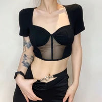 weekeep american retro dark mesh chest sexy t shirt versatile spice girl shows her navel thin short sleeved top women