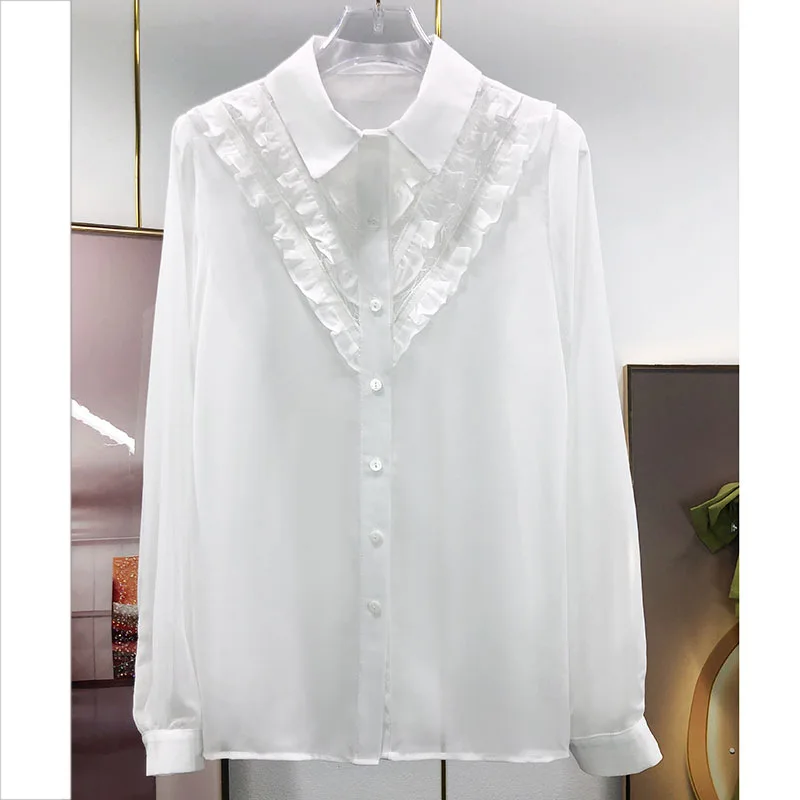 2022 Spring Summer France Style Women's High Quality Lace Patchwork Ruffles White Chiffon Shirt B770