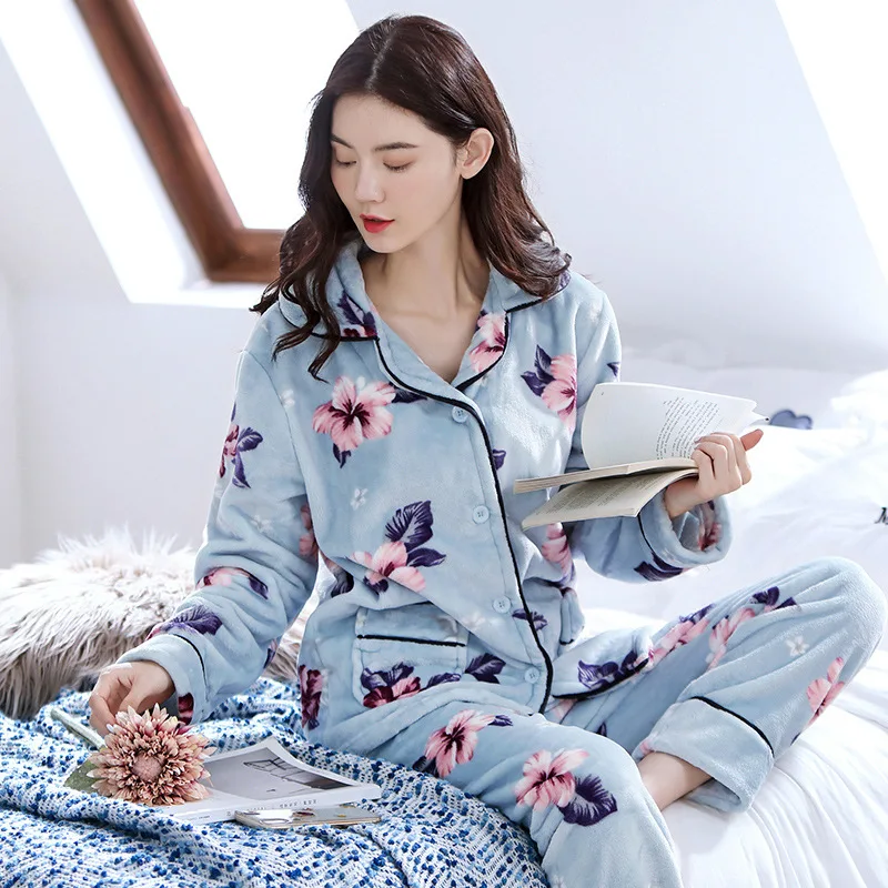 Womens Flannel Purple Pajamas Pyjamas Sets Long Sleeve Sleepwear Pijama Pajamas Suit Female Sleep Two Piece Set Loungewear