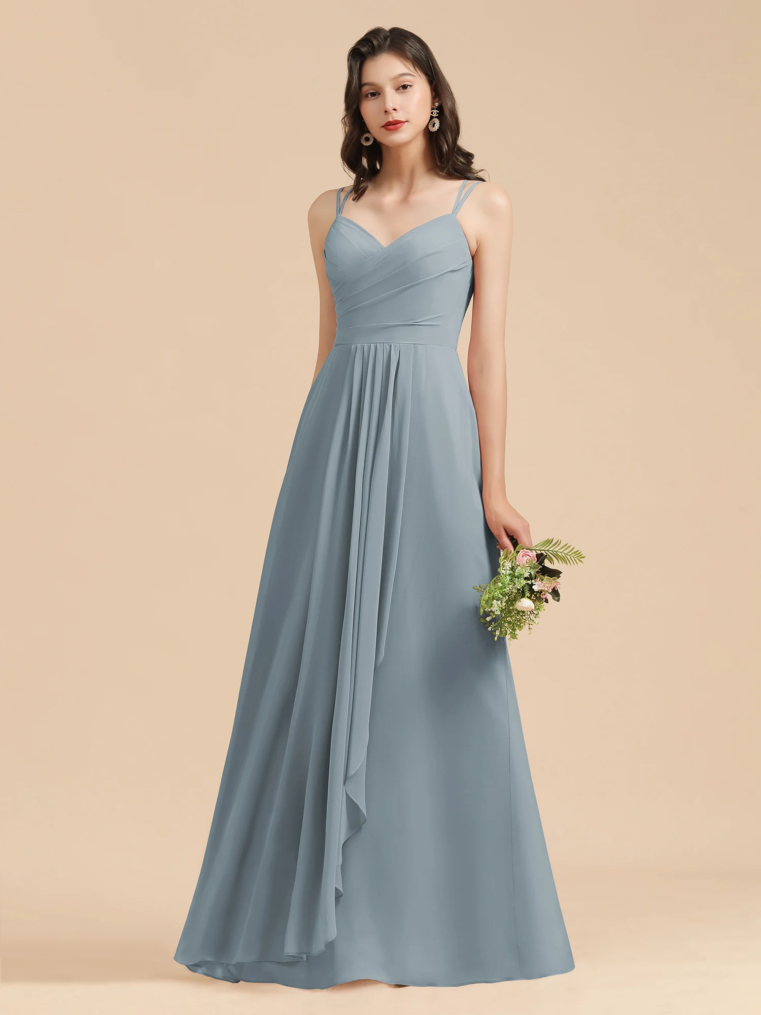 

XunBei Spaghetti Strap Chiffon Bridesmaid Dress Long Summer Beach Ruched V Neck Backless A Line Wedding Party Dress Floor Length