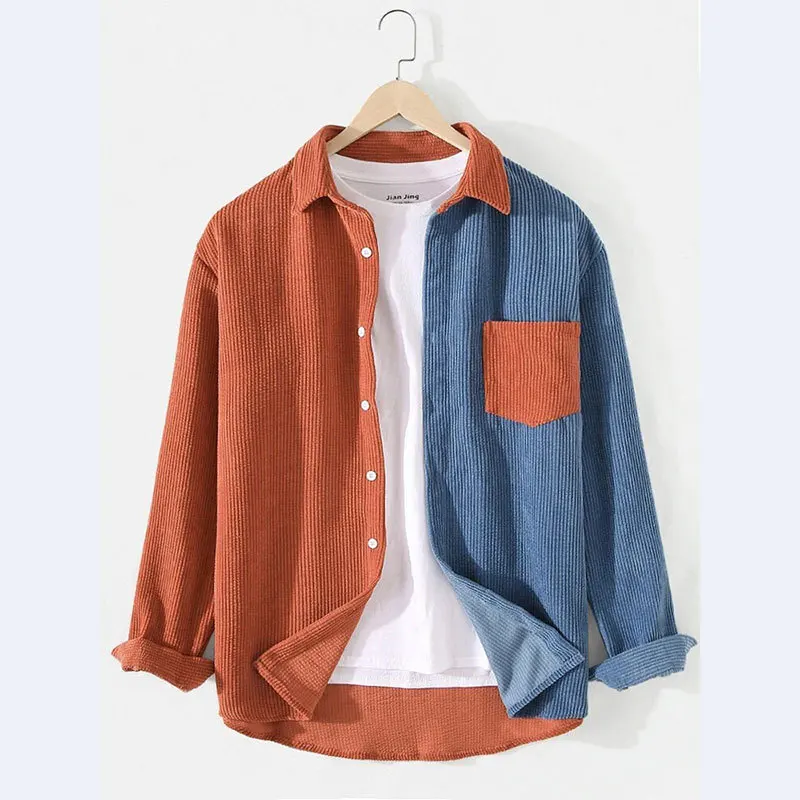 

Shirt Pocket Men's Thicken Long Clothing Colour Autumn Coats Corduroy Blocking Shirts Sleeve Outwear Casual Fashion Men