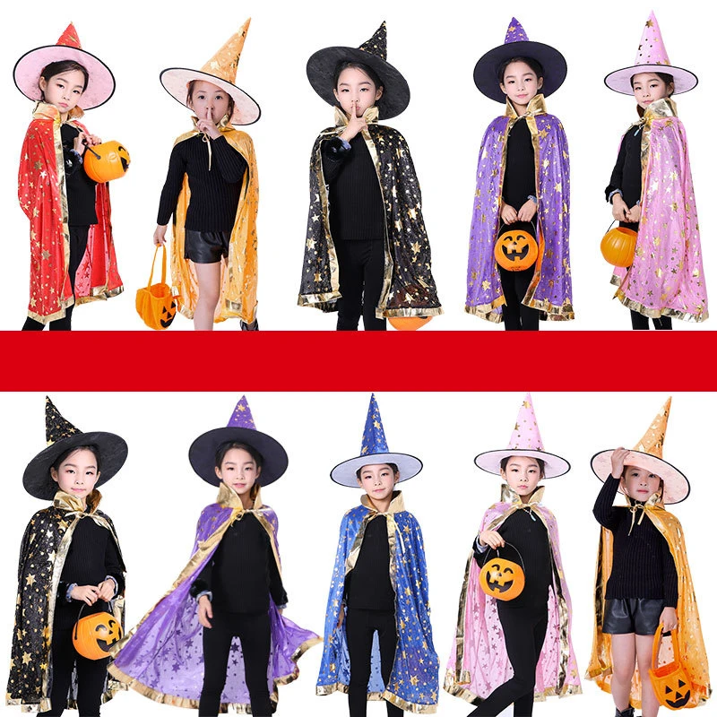 

Halloween cloak cosplay witch magician cloak and hat children's five-star bronzing cloak witch show costume two piece set