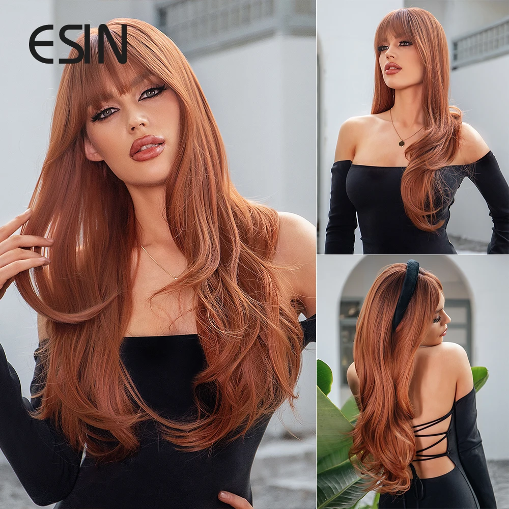 ESIN-Peluca de cabello sintético para mujer, cabellera artificial largo con flequillo, ondulado Natural, fibra resistente al calor, color marrón, para fiesta diaria