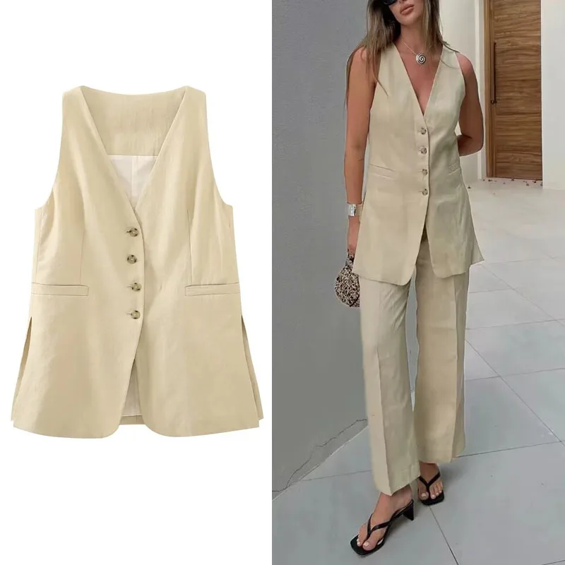 

TRAF Split Design Vest For Woman Vintage V Neck Button-up Waistcoat Chic Tops Summer New Sleeveless Office Lady Commute Vests