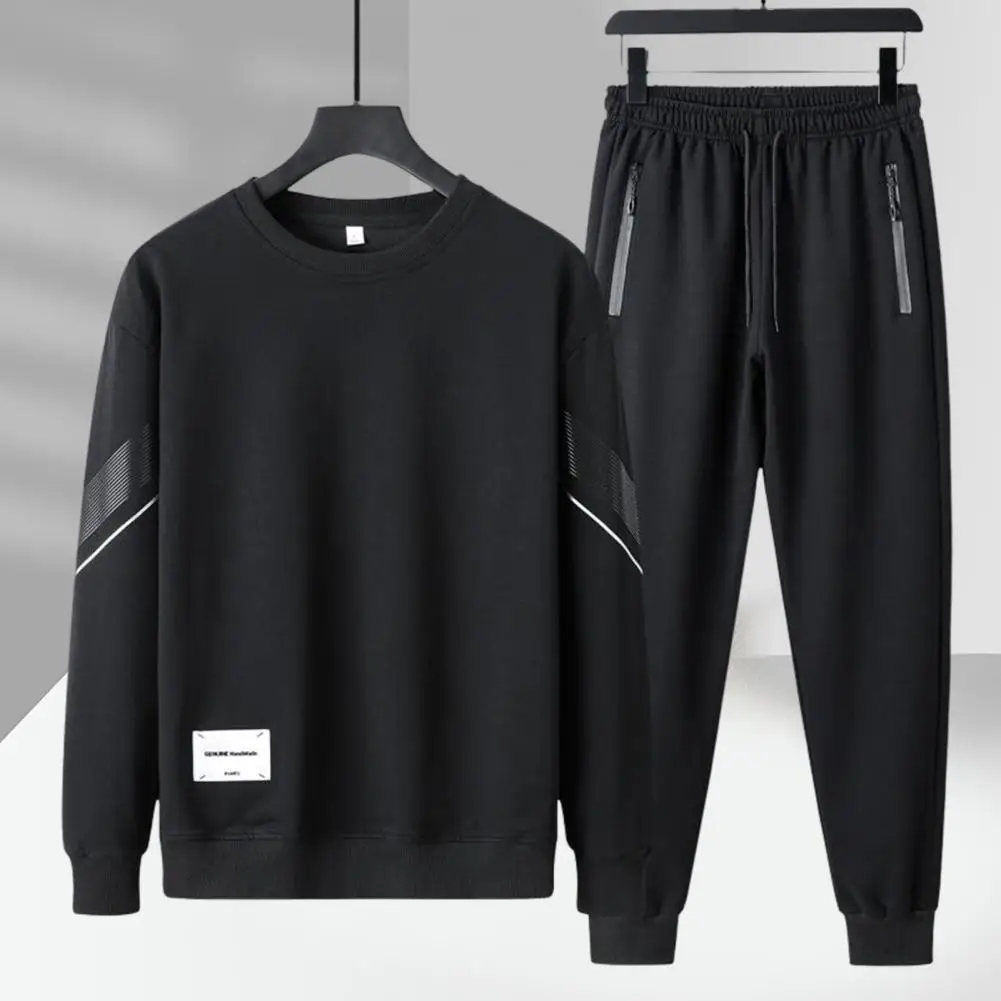 Sporty 1 Set Popular Ribbed Cuff Top Drawstring Pants Spring Autumn Men Outfit Round Neck   for Jogging