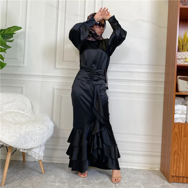 Islamic Satin Muslim Dress Women Turkish Abaya Dubai Round Neck Button Down Shirt 3 Layers Slim Fit Long Skirt 2 Piece Set Party