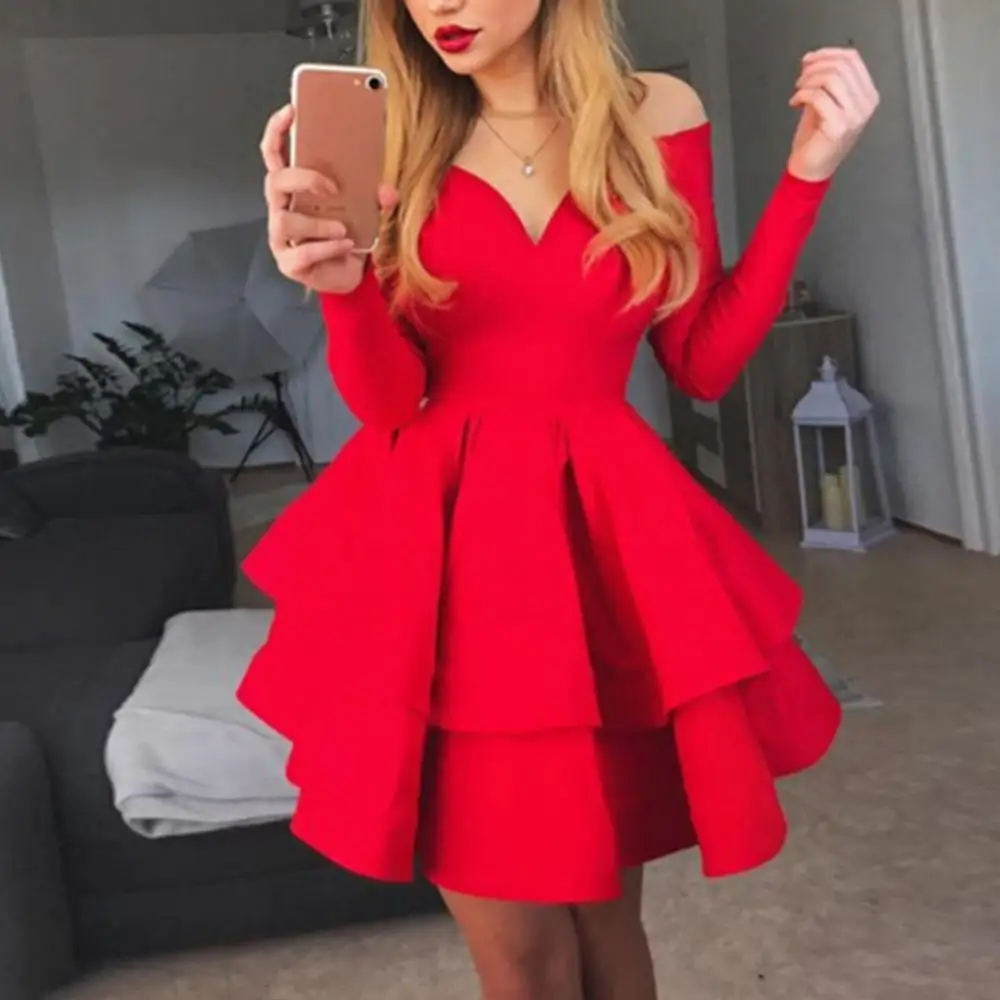 

Dress Summer Casual Long Sleeve Off Shoulder Elegant Mini Dress Large Swing Women Dress Vacation V Neck Ruffled Hem sundress