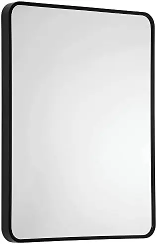 

Black Bathroom Mirror for WALL 22"x28" -Rectangular Aluminum Metal Frame with Round Corners- Mounted with Glass Panel-Va