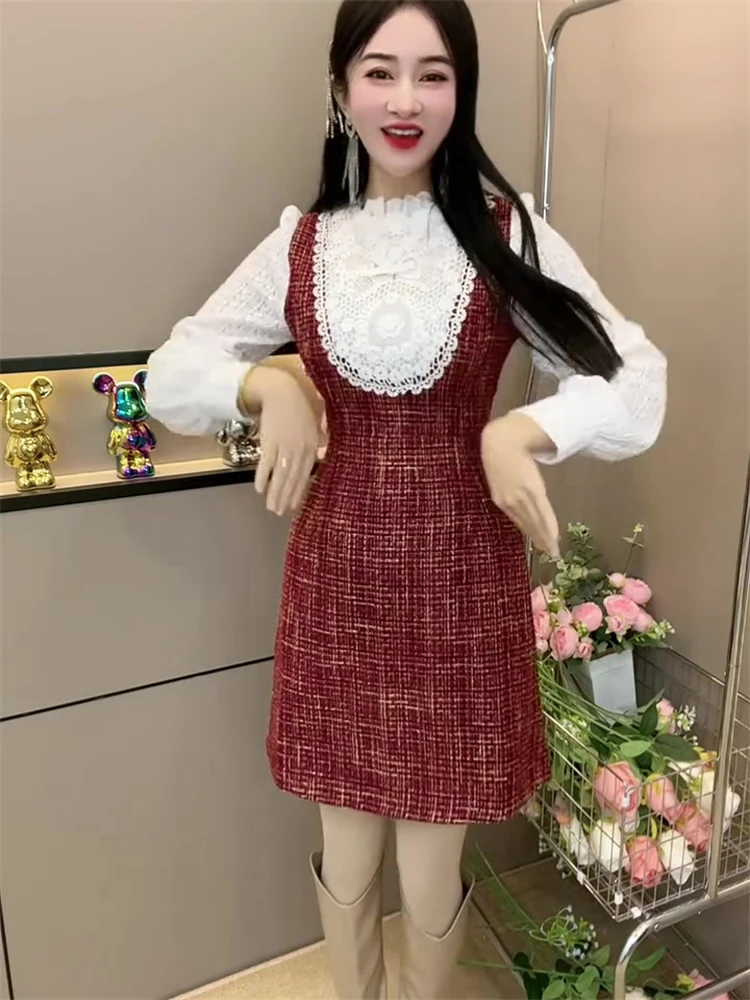 The Same Model as Online Celebri Fashion Western Sle Graceful Dress Women Winter Lace Stitching Design Waist Hugging Slim... |