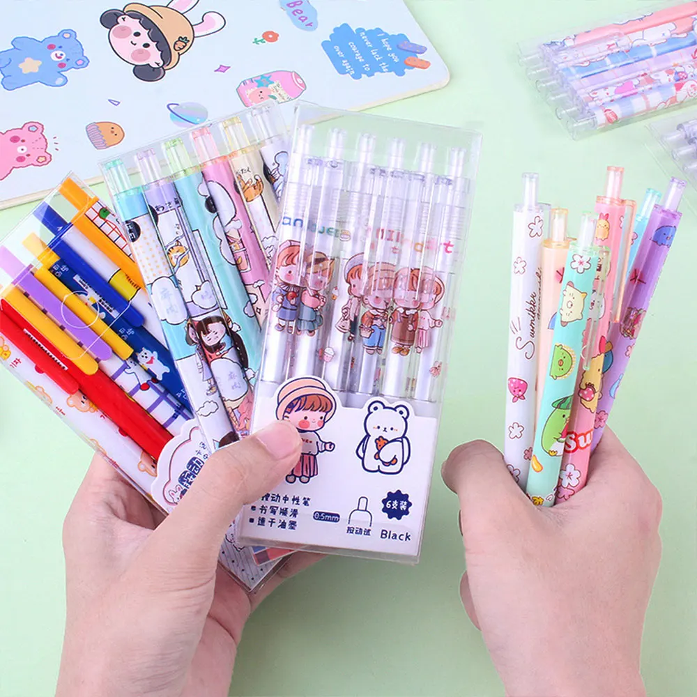 

6 Sticks/Set Cute Gel Pens 0.5MM Black Ink Cartoon Print Gel Pen Student Stationery Neutral Signature Pen Office School Supplies