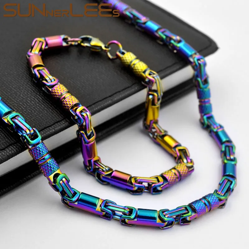 

SUNNERLEES 316L Stainless Steel Necklace Bracelet Set 6mm Geometric Byzantine Link Chain Gold Silver Color Men Women SC42 S