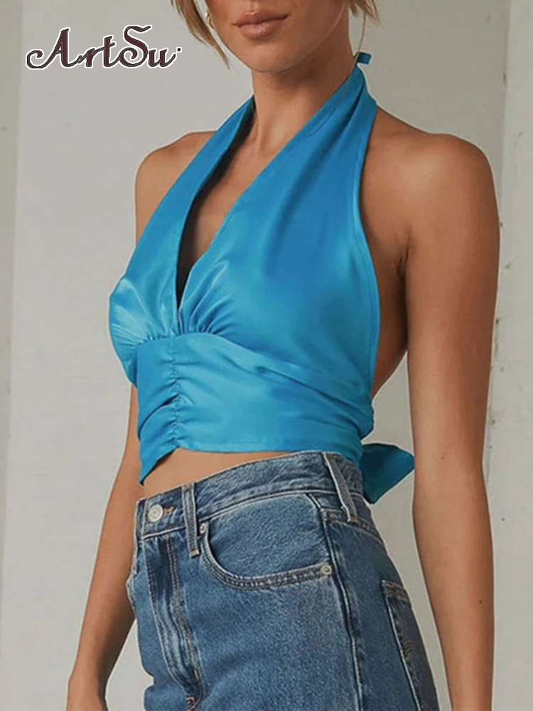 

Женский топ на бретельках ArtsuHalter Y2K, однотонный топ с рюшами и открытой спиной, уличная облегающая эластичная одежда