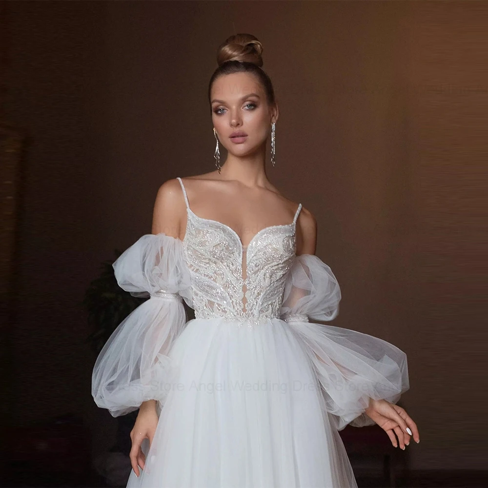 Фото Белое Тюлевое свадебное платье с а-силуэтом ANGEL Princess, свадебное платье в стиле бохо с длинными рукавами-фонариками, свадебная одежда на бретелях-спагетти для невесты №4