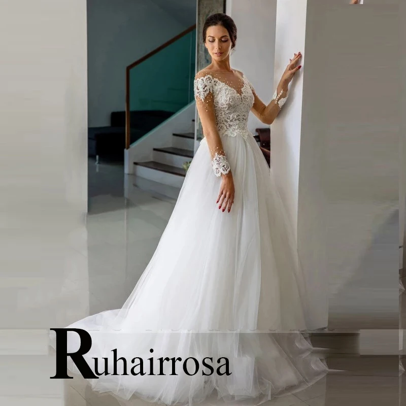 

Ruhair Geogeous Pearl Wedding Dresses Long Sleeve O-Neck Illusion Elegant Court Train Made To Order Vestidos De Novia Brautmode