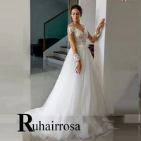 ruhair geogeous pearl wedding dresses long sleeve o neck illusion elegant court train made to order vestidos de novia brautmode