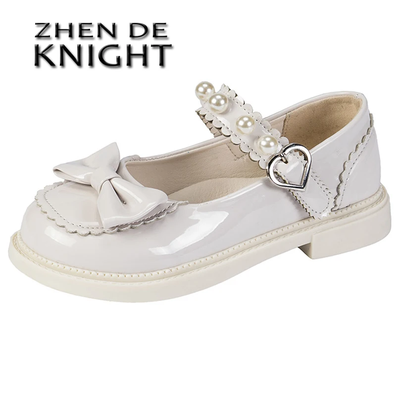 Осенние кожаные туфли для девочек модные милые маленьких с жемчугом и бантом