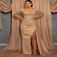 arabic dubai gold prom dresses with slit lace sexy long sleeve satin mermaid evening gowns scoop neckline formal party wear