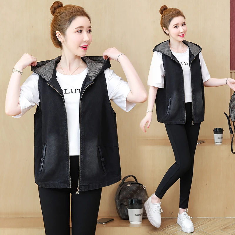 

Short Denim Vest Women Hooded Zipper 2022 Spring Autumn Sleeveless Jacket Female Vintage Jeans Waistcoat Loose Outerwear G1919