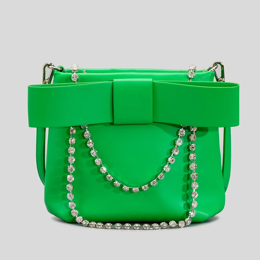 

Fashion Bow Bucket Bags Crystal Chains Shoulder Crossbody Bags Luxury Pu Leather Diamond Small Tote Evening Party Purses Y2K Sac