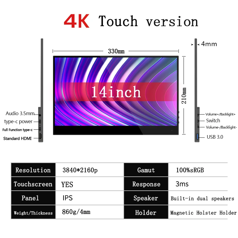 

WEICHENSI 14 inch 4K Portable Monitor Ultra-Thin Game Monitor HDMI-Compatible with Smart Cover External Monitor for Laptop