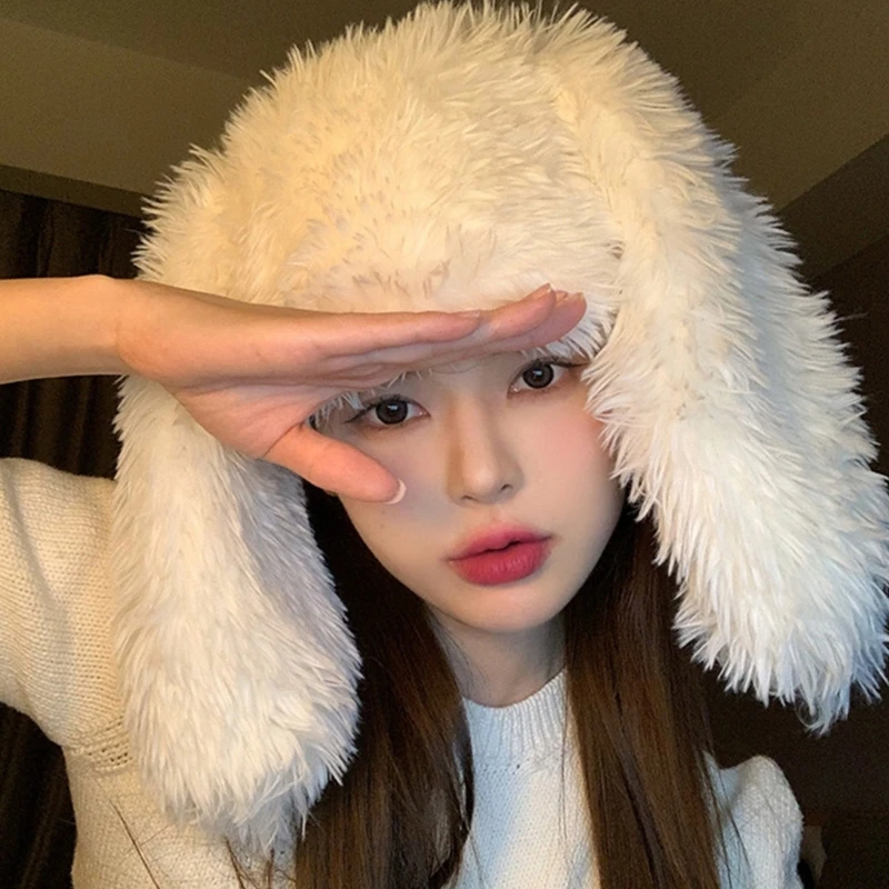

Windproof Fluffy Hat for Children Bunny Ear Shape Foldable Plush Winter Hat Bunny Ear Shape Keep Warm Ear Protects Hat