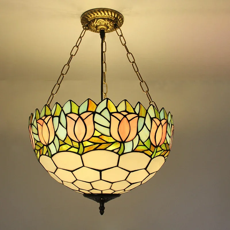 Фото Подвесной светильник SAMAN Tiffany, светодиодный ретро-крестительный светильник для гостиной, ресторана, спальни, виллы, коридора отеля, цветная стеклянная люстра №3