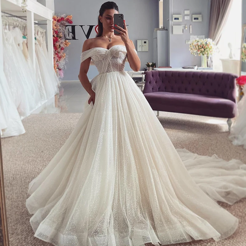 

Богемное свадебное платье А-силуэта, с открытыми плечами, из блестящего тюля, свадебное платье принцессы, вечерние свадебные наряды, Индивидуальный размер, 2023