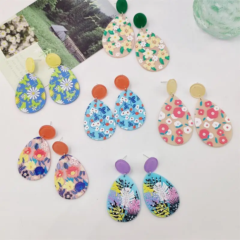 

Богемные акриловые серьги с цветочным принтом для женщин, летние серьги-капли с листьями и растениями, дизайнерские украшения