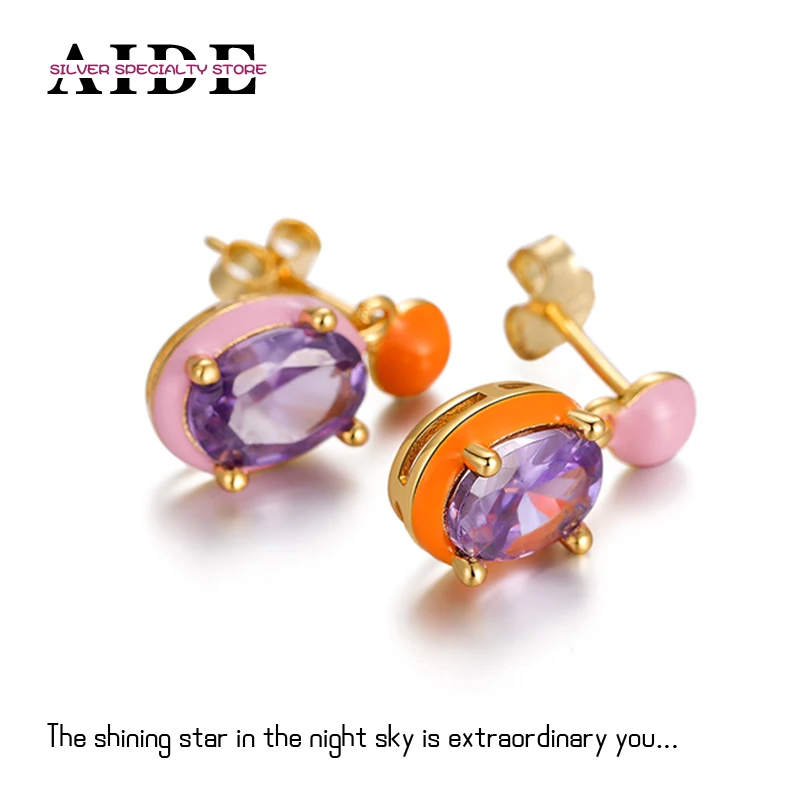 

AIDE S925 Silver Purple Zircon Asymmetric Enamel Color Piercing Stud Earrings For Women Girl Pendientes Jewelry Gifts Bijoux