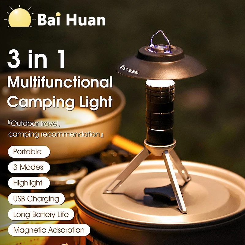 Portable Camping Light with Magnetic USB Rechargeable 3 Lighting Modes Camping Lantern Outdoor Led Flashlight Tent Camp Supplies