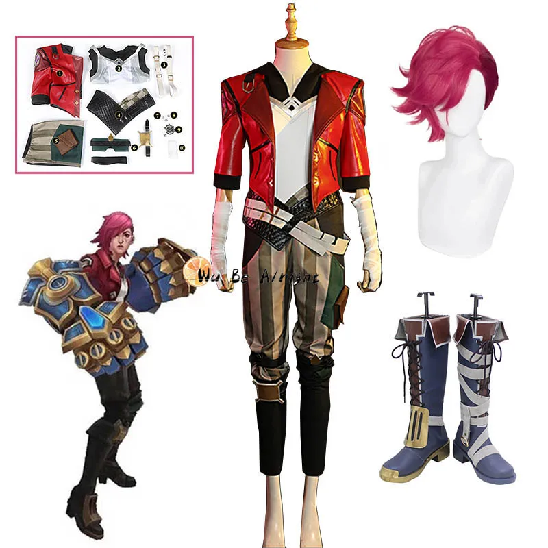 

Vi Cosplay Costume Arcane Vi Game Arcane Vi Cosplay Wig 30CM Deep Rose Color Wig Shoes Costume Halloween Carnival Party Suits