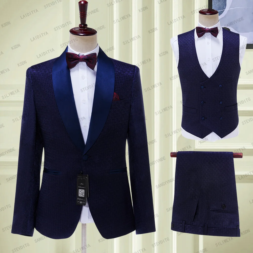

2023 New Arrival Men Suits Blue Shawl Lape Jacquard Floral Groom Satin Lapel Groomsmen Wedding Best ( Jacket+Pants+Vest )