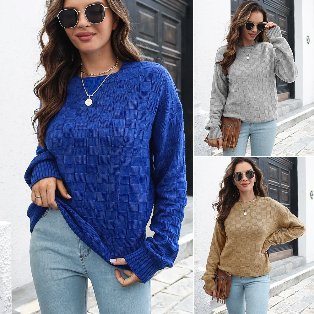 New Autumn Winter Three Dmensional Plaid Sweater Women's Loose Long Sleeved Sweater new foreign Women Sweater